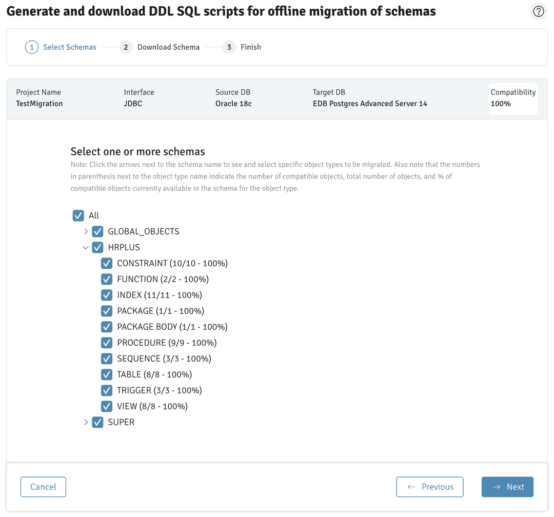 Schema and objects are selected